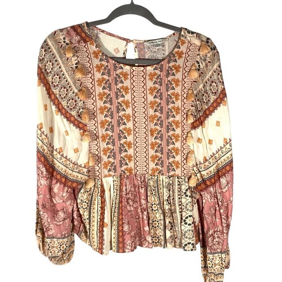 American Eagle Womens Boho Floral Patchwork Long Sleeve Peplum Blouse XS Tassel - Picture 2 of 11